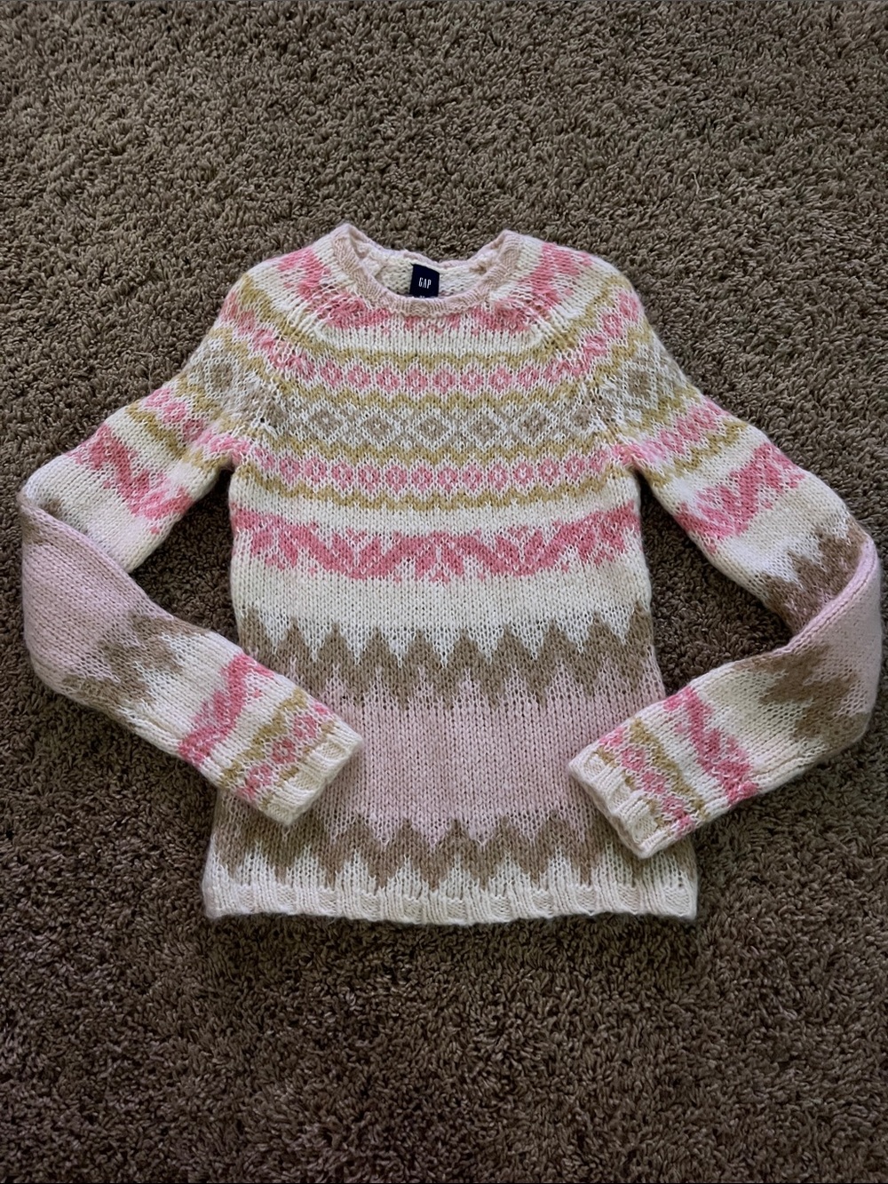 GAP Cream, Pink & Tan Patterned Fair Isle Crewneck Sweater